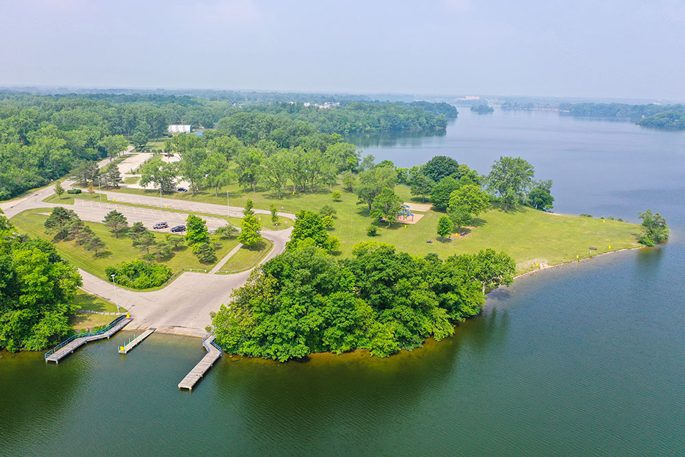 Ford Lake Park aerial view from over Ford Lake
