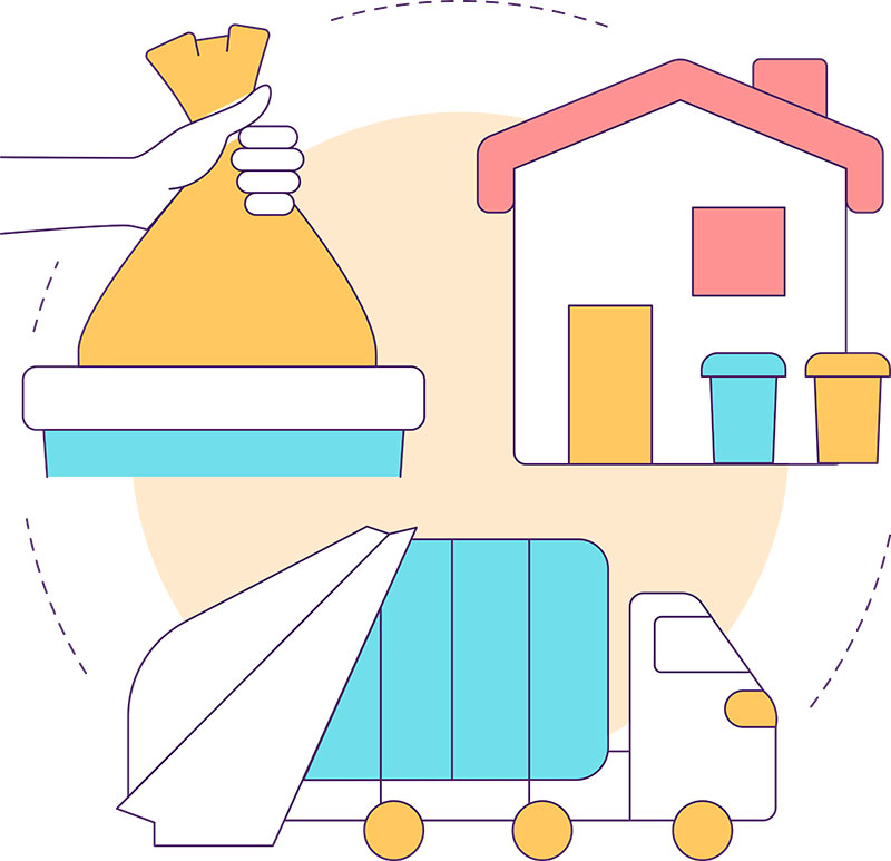 Trash collection graphic with trash bag, trash cans, and trash truck